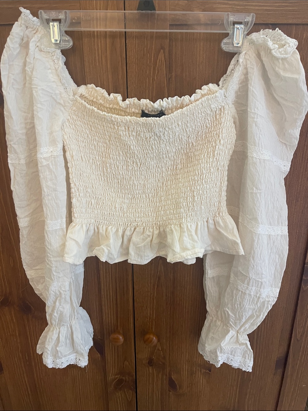 Forever 21 Cream Smocked Off-Shoulder Crop Top